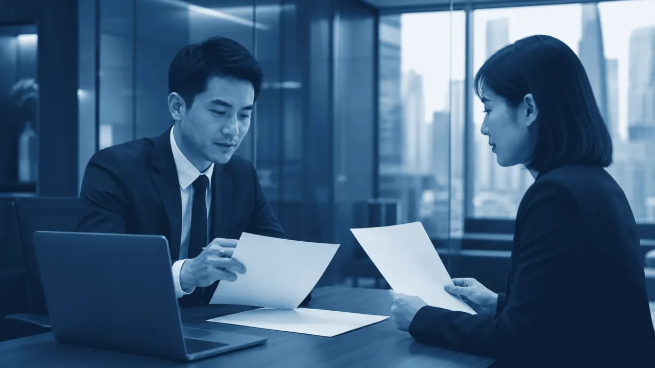 China corporate banking and compliance meeting reviewing business documents