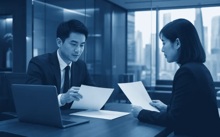 China corporate banking and compliance meeting reviewing business documents