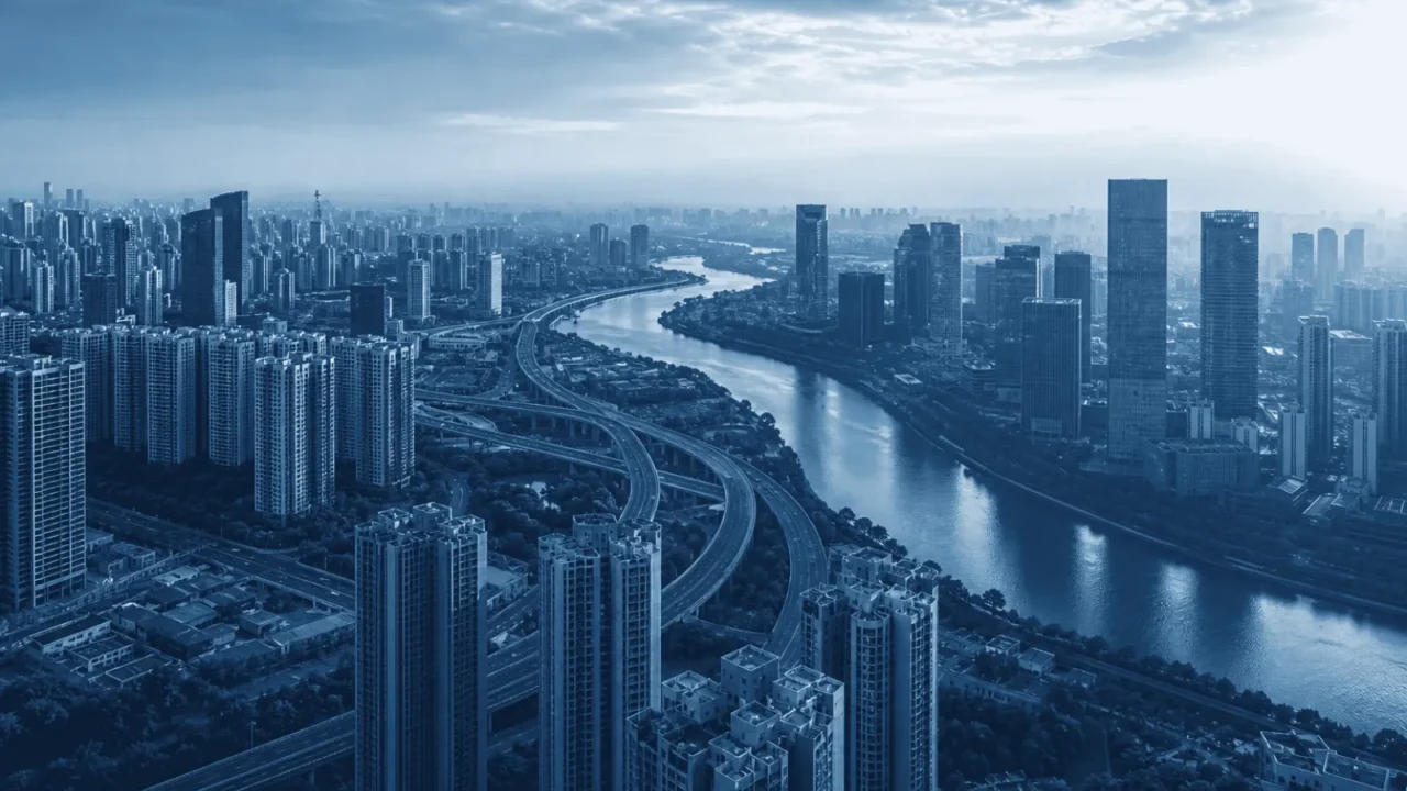 Aerial view of a modern Chinese city district used for real estate investment analysis