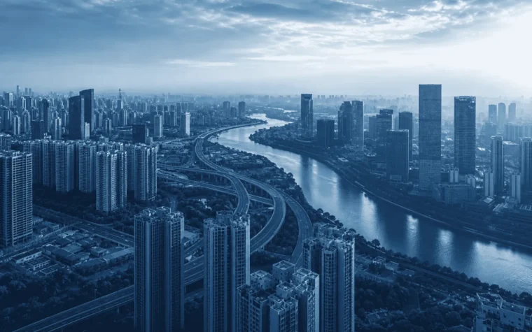Aerial view of a modern Chinese city district used for real estate investment analysis