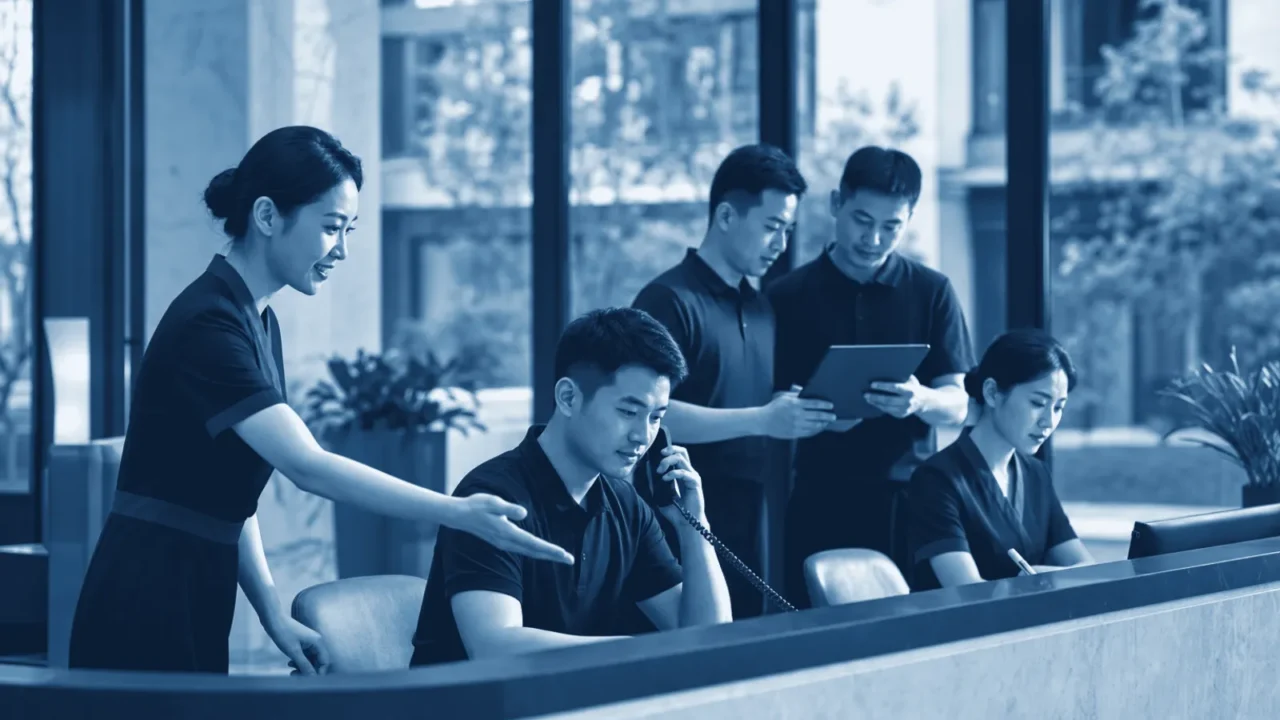 Professional property management team operating in a modern Chinese residential complex