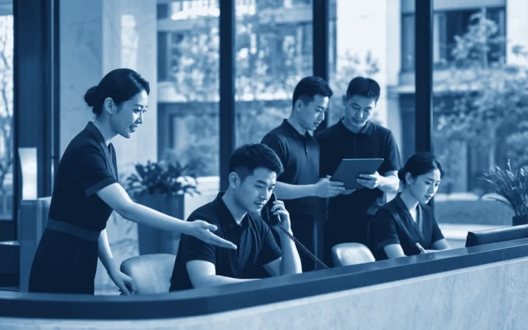 Professional property management team operating in a modern Chinese residential complex