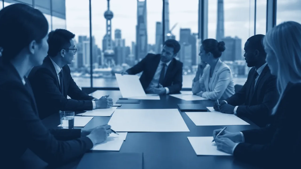 International business team planning a China market entry strategy in a Shanghai office