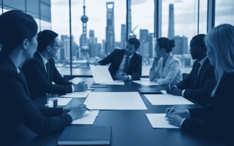 International business team planning a China market entry strategy in a Shanghai office