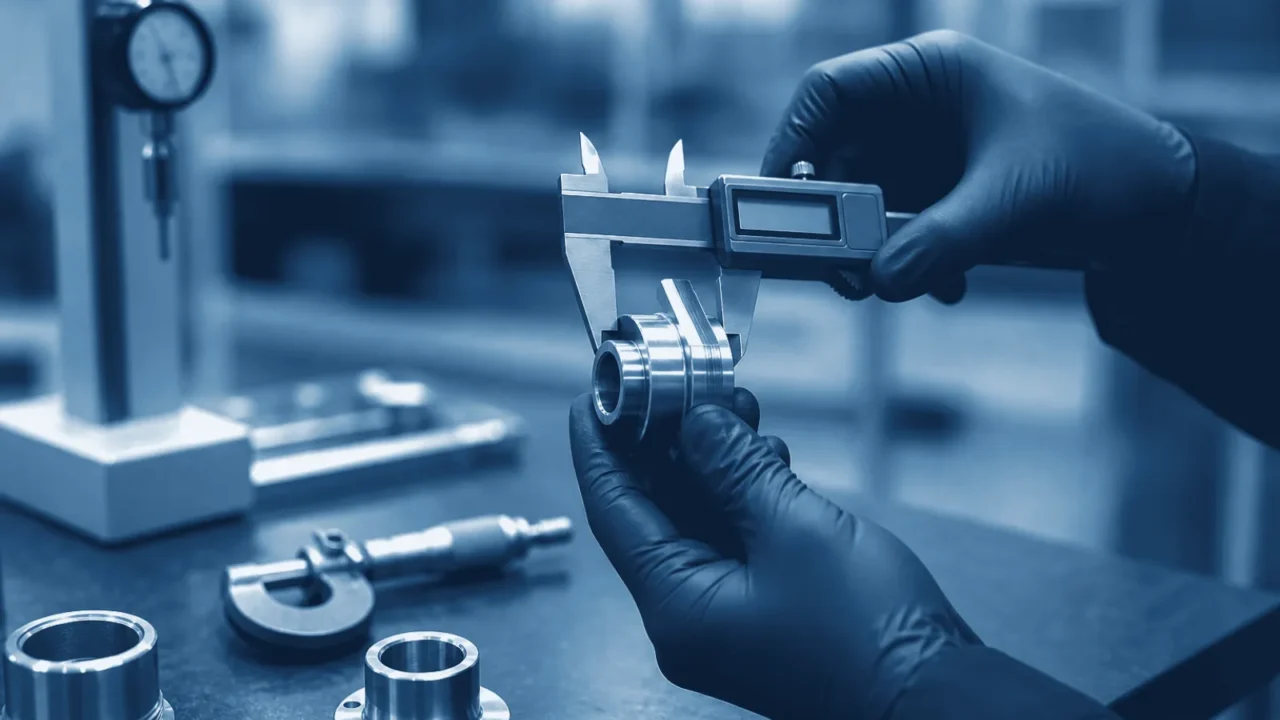 China quality control inspection measuring a manufactured component with callipers