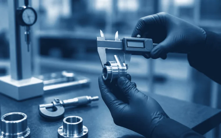 China quality control inspection measuring a manufactured component with callipers