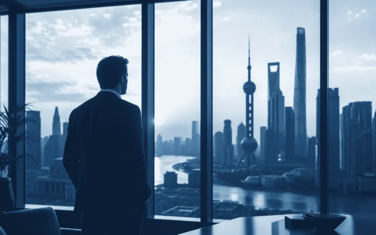 Foreign entrepreneur starting a business in China overlooking a city skyline